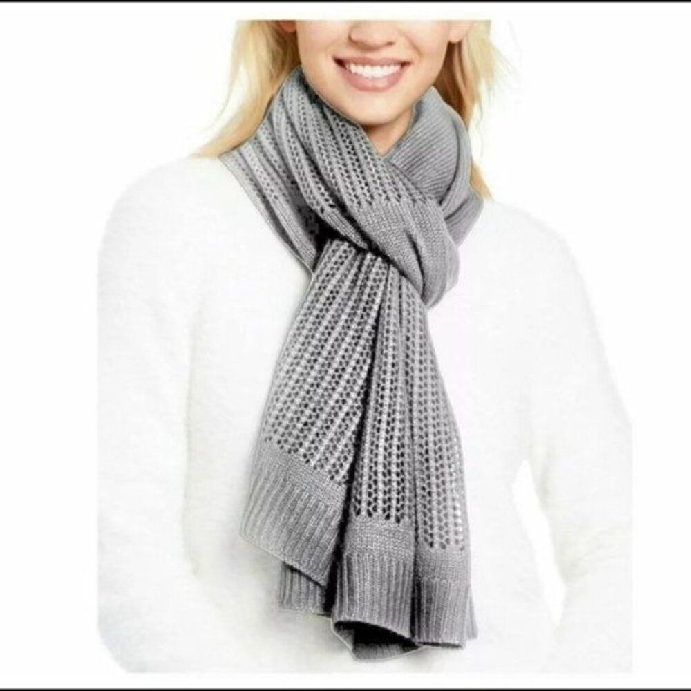 DKNY Open-Knit Blocked Scarf, Heather Gray, OS